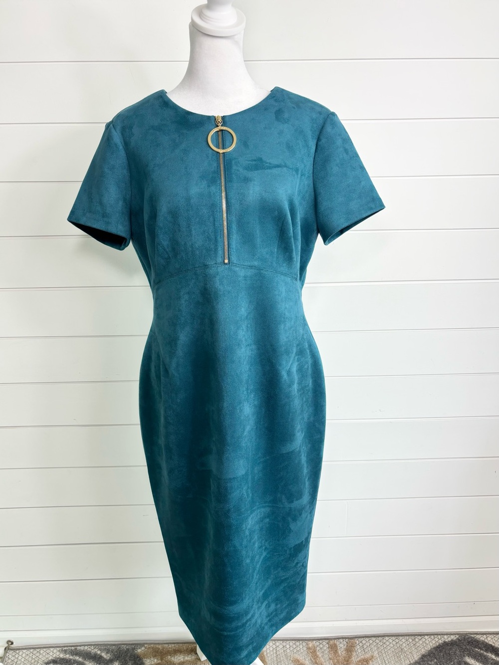 Calvin Klein Faux Suede Teal Midi Sheath Dress with Ring Zip size 12 NEW